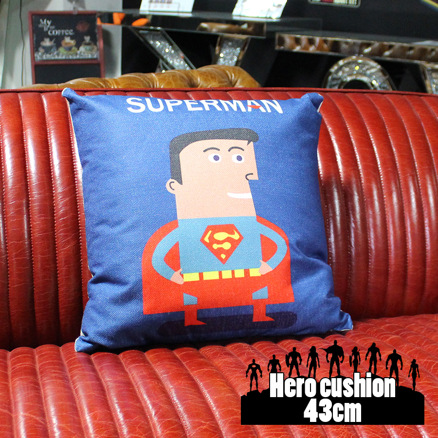クッション 45 45cm ヒーロー Hero プレゼント 子供 誕生日 イラスト アメコミ スーパーマン ふわふわ ヴィンテージ アメリカン雑貨 クーポン配布中