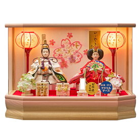 雛人形 ケース入り 選べる コンパクト ひな人形 ケース おしゃれ お雛様 久月取扱い 雛人形 ケース飾り ひな人形 おしゃれ お雛様 彩乃 豆親王飾り 桃 紫 極上刺繍仕立 親王飾り 243-260 アクリル 六角 刺繍バック 電気入雪洞付 2026