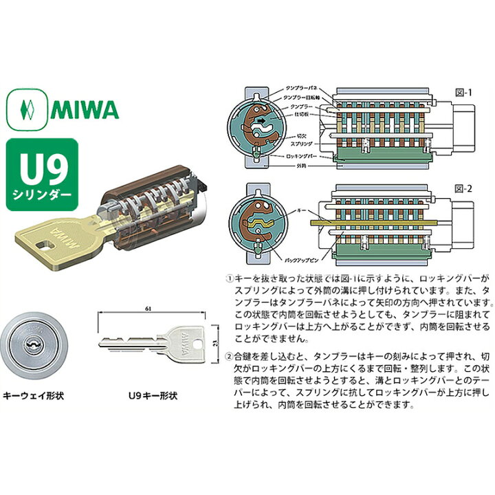 楽天市場】MIWA 美和ロック 鍵 交換用 取替用 U9シリンダー LSP LE 