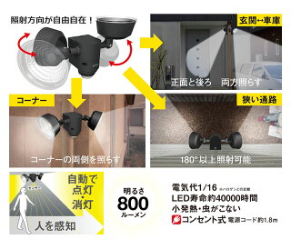 【アウトレット特価】ムサシ RITEX LEDセンサーライト 100V(5W×2灯)LED-AC210