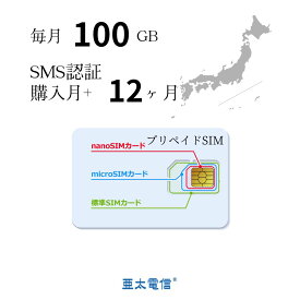 プリペイドSIM「購入月月額無料」大容量毎月100GBx12ヶ月 キャリア直回線 日本 Japan Prepaid SIM card LTE対応 SMS認証可能 利用期限延長可能 テレワーク 在宅勤務 当日発送