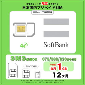 【SMS対応(受信)】 Softbank 毎月1GBx12ケ月のパケージ プリペイドSIM 高速キャリアデータSIM 070/080/090番号付帯 日本国内用データ通信SIMカード キャリア直回線 日本 Japan Prepaid SIM card 4G LTE対応 テレワーク