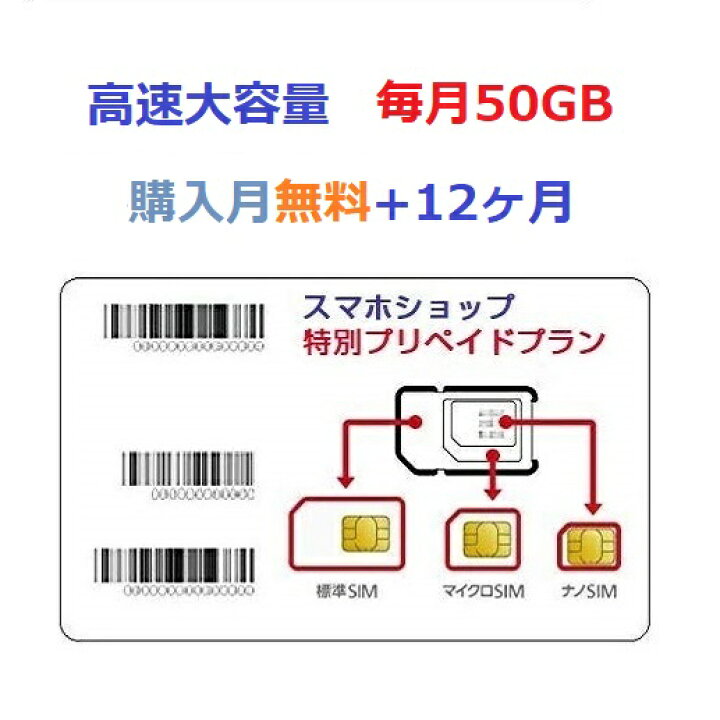 楽天市場】超大容量「 購入月無料 」毎月50GBx12ヶ月 プリペイドSIM 