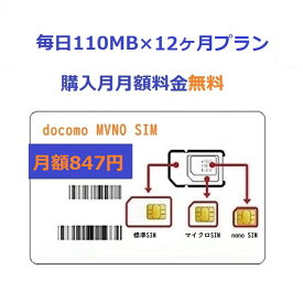 送料無料☆毎日110MB×12ヶ月プラン【購入月無料】プリペイドSIMカード Docomo回線 日本高速データ通信 Japan Prepaid SIM card LTE対応 利用期限延長可能 テザリング可能 サブ機　契約不要　IoT SIM