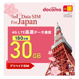 【docomo回線】 プリペイド sim 日本 90日間 180日間 30GB ドコモ通信網 docomo 4G LTEデータ 通信専用 3in1 ( 標準 / マイクロ / ナノ ) simフリー端末のみ対応 短期旅行 日本国内