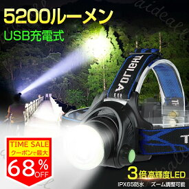 ★クーポンで2,022円★超高輝度 5200ルーメン ヘッドライト LED 充電式 ヘッドランプ 90°角度調整可能 ヘルメット ライト 防災 ズーム機能 IPX65防水 防塵 充電式ヘッドライト 4モード 調整可能 超明るい 作業灯 懐中電灯 登山 釣り キャンプ ランニング 地震 ギフト