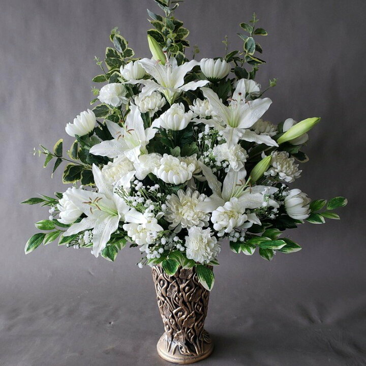 楽天市場】仏花白仕上MIXアレンジ、 （造花・高90×幅55】【光触媒  