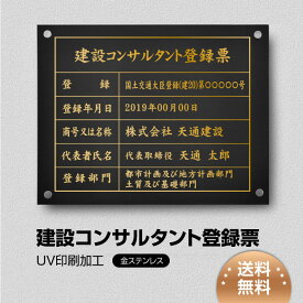 P5倍♪建設コンサルタント登録票【金ステンレス】 W45cm×H35cm 選べる4書体 UV印刷 ゴールドステンレス仕樣 撥水加工 錆びない 看板 法定サイズクリア 宅地 建物 取引業者 金看板 宅建 標識 事務所用js-gold-stl-gold