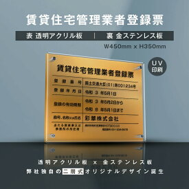 P5倍♪賃貸住宅管理業者登録票『透明アクリル×金ステンレス』 W45cm×H35cm お洒落な二層式 法定サイズ UV印刷加工 選べる4書体 宅建 業者票 不動産 許可書 事務所 法定看板 看板 gs-pl-pdzz-t-gold