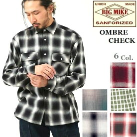 春シャツ BIG MIKE FLANNEL SHIRTS 50's OMBRE CHECK L/S SHIRTS オンブレ チェック L/S シャツ 102315000,102315001 ネイビーetc. 綿100% ほど良い厚み オールシーズン アメカジ バイカー Mサイズ Lサイズ XLサイズ 胸囲 120cm 対応送料無料