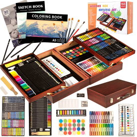 KINSPORY 168点 お絵かきセット 絵具セット 豪華 想像力 創造性 色鉛筆 クレヨン 水彩画 収納ケース付き 持ち運び 収納便利 (ダークブラウン)