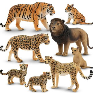 TOYMANY 8PCS野生動物フィギュア 動物フィギュアセット 野生動物家族 ライオン タイガー ジャガー チーター 子動物 リアルな動物模型 人気動物 玩具 誕生日プレゼント クリスマス 新年 飾り物