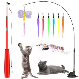猫おもちゃ 猫じゃらしOziral 吸盤式+釣り竿じゃらし 猫用おもちゃ 自動回弾可能 運動不足解消 ストレス解消 鳥/毛虫/ミツバチ 交換用玩具8本 子猫 猫遊び用品 ペット用品（11点セット）