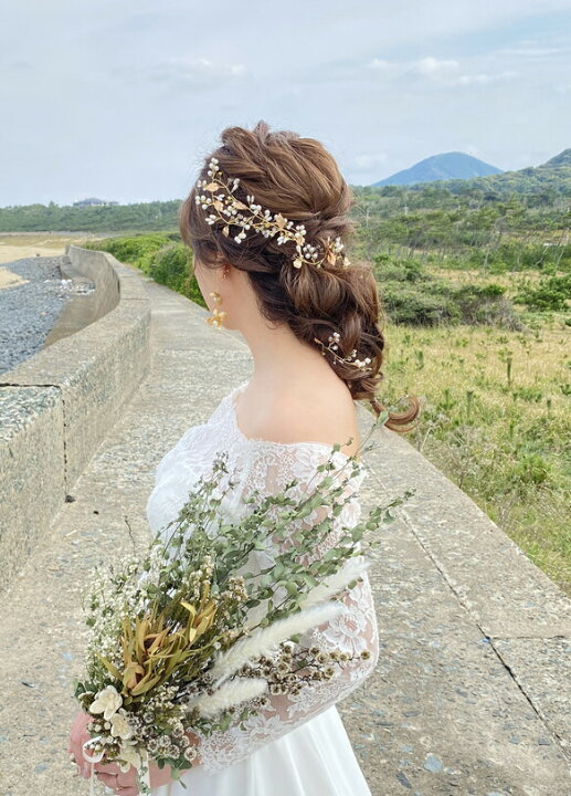 ✨ゴールド ヘッドドレス ブライダル ヘアアクセサリー かすみ草 小枝 結婚式