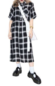 Shadow Check Shirts One Piece�iBLK�j�@���� ���f�B�[�X �����s�[�X �V���c ���� �G�� �`�F�b�N �u���b�N �z���C�g ���m�g�[�� ���g�� �J�W���A�� ��l���� �A�p���� A.D.G ��������