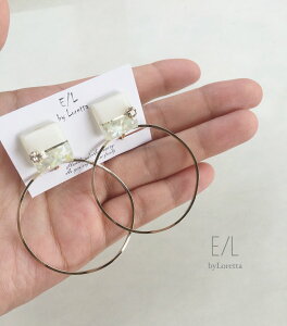 Square bi-color shell hoop pierce/earring@ANZT[@sAX@CO@WHITE@zCg@@GOLD@S[h@@傫߁@fB[X@@l@tF~j@i@@