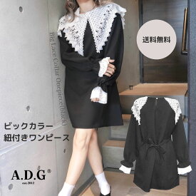 Big Lace Collar Onepiece (black) 女性　レディース　チュニック　 ワンピース　ミニワンピース　レース　モノトーン　BLACK　ブラック　シンプル　カジュアル　大人かわいい　ガーリー　フェミニン　レトロ　クラシカル　韓国　A.D.G　エーディージー　送料無料