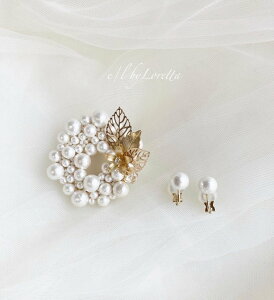Leaf flower × quartz cotton pearl circle brooch & pierce/earring SET�@�A�N�Z�T���[�@�s�A�X�@�C�������O�@�u���[�`�@�S�[���h�@�z���C�g�@���f�B�[�X�@�����@��l�����@�t�F�~�j���@��i�@�������@��