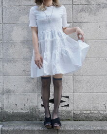 White Cotton Shirring Flare Onepiece ワンピース 白 ホワイト シャーリング 綿 cotton リボン 伸縮 清楚 半そで 半袖 ADG A.D.G エーディージー レディース　清楚　ガーリー 女性　通販　送料無料　森ガール　大人カジュアル　韓国 ファッション　ロング　婦人服　送料無料