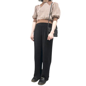 Checked PuffSleeve S/S Knit Tops（brown）レディース トップス 5分袖　ブラウン　BROWN　ニット　パフスリーブ　ベーシック　シンプル　ファッション　おしゃれ　お洒落　ブランド　ADG　エーディージー　送料無料