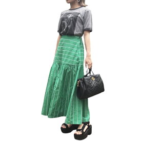 STRIPES FLARE LONG SKIRT（green）レディース ボトムス マキシ ロング スカート　フレア　GREEN　緑　グリーン　ストライプ　ライン　側面ジップアップ　ウェストゴムIN　　おしゃれ　カジュアル　20代　30代　40代　ファッション　キレカジ　ADG　エーディージー　送料無料