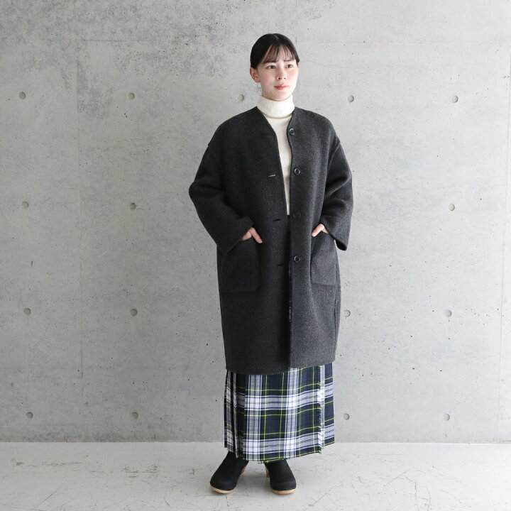 ルグラジック】リバーシブルコート ノーカラー ブラウン チェック柄 