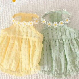 犬 ワンピース 小型犬 冬服 花柄 レース シアー素材 涼しい 軽量 可愛い ペット服 女の子 ドッグウェア サマーワンピース フラワー ひまわり風 デイジー フリル リボン付き おしゃれ お出かけ 散歩 インスタ映え 冬 ペットウェア メール便【a254】