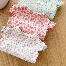 【最終値下げ】犬 服 冬 小型犬 女の子 フリル袖 小花柄 カットソー 涼感素材 薄手 シャツ かわいい リボン付き 袖あり ノースリーブ風 ペットウェア おしゃれ ナチュラル系 ガーリー 冬 涼しい 猫服 毛抜け防止 室内着 散歩 お出かけ 通気性良好 快適【a273】