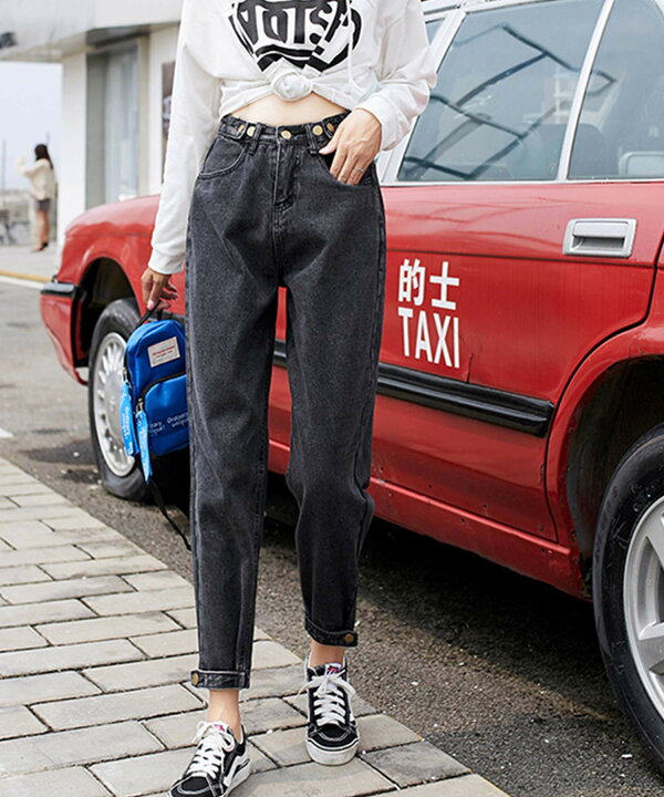 楽天市場 デニムパンツ レディース テーパード テーパードデニム パンツ デニム ハイウエスト サルエル ボタン ジーンズ ジップフライ ポケット 春 夏 秋 冬 韓国ライク Aimoha
