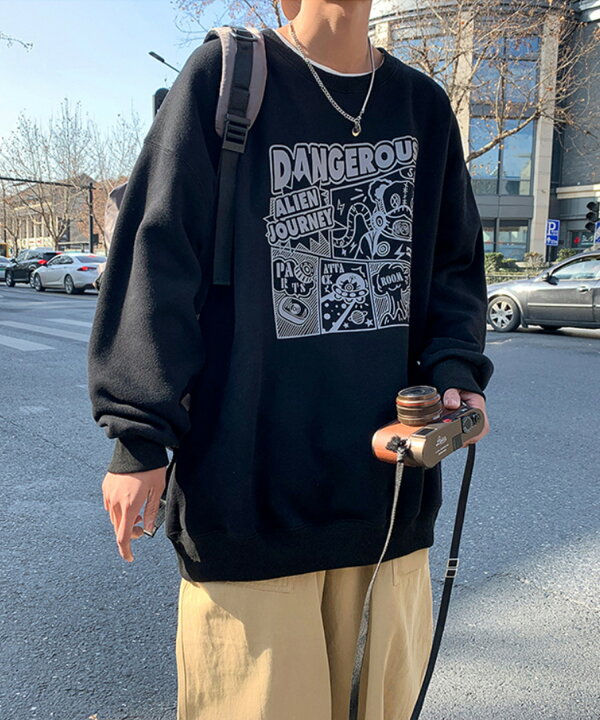 【OUTLET☆特別価格】スウェット トレーナー メンズ レディース カップル ペアルック お揃い 服 春 秋 ビッグシルエット メンズ レディース オーバーサイズ ユニセックス 韓国ライク オルチャン 英字 アメカジ アメコミ風プリント【HOOK】 aimoha 男女兼用 黒 オーバーサイズ ペアルック トレーナー カジュアル 2XL