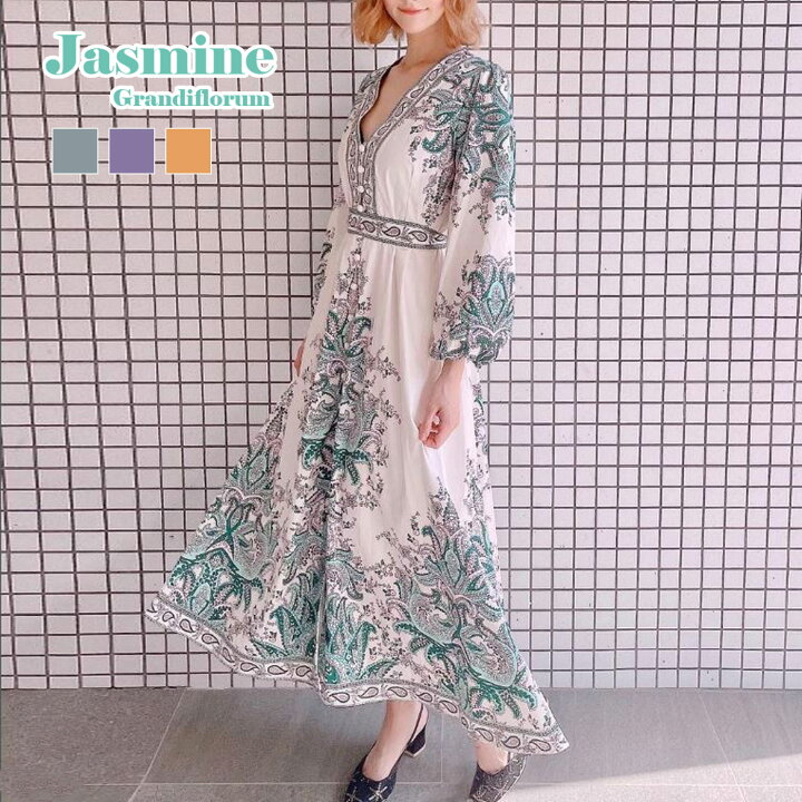 楽天市場 ワンピース ロング ロングワンピース エスニック エスニックワンピース 長袖 Vネック 大人 エキゾチック 春 夏 秋 ジャスミン エスニックな雰囲気の大人ワンピース Aimoha