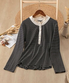 【2025NEW】 【aimoha】ボーダーレースカラーヘンリーネックプルオーバー ナチュラルで優雅なデザイン ゆったりシルエットで体型カバー 刺繍デザインが魅力 春秋コーデにぴったりのデイリーカジュアルアイテム