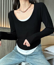 父の日セール5倍PT　10%OFF&【2025NEW】 【Aimoha】レイヤード風デザイン長袖Tシャツ レディース シンプルカジュアル 高品質素材 重ね着風デザイン 快適な着心地 オールシーズン着用可能 日常 おしゃれ