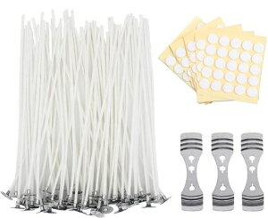 キャンドル芯100本セット20cmろうそく芯綿100%のキャンドル材料キャンドルホルダー芯固定ホルダー5個DIY手作り座金付き丸形両面テープ付きジェルキャンドル向け