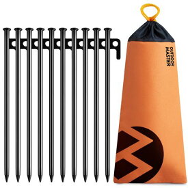 OUTDOORMASTERテントペグ30CM10本セット高炭素鋼製防水収納袋付き防錆カチオン電着塗装タープペグ鍛造ペグ硬い土砂地草地アウトドアテント登山キャンプ多機能設営用具