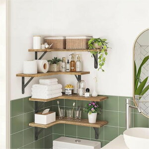ウォールシェルフ、L型長辺41*短辺25*断面19、壁掛け棚、収納バスケット付き壁棚ラック4個セット天然木製おしゃれ吊り下げ収納多機能キッチン/洗面所/トイレ/寝室取り付け簡単タオルバ…