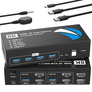 8K@60Hz HDMI+DisplayPort KVM�X�C�b�` 2����2�o�� �p�\�R��2�䃂�j�^�[2��؂�ւ� KVM �ؑ֊� �f���A�����j�^�[