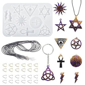 FineInnoシリコンモールド魔法陣型パンクイヤリングマジックペンダント形パンクスタイルピアスダングル+三角形クリップクラスプゴールド/シルバー12個+ブラックレザーコードネックレス10…