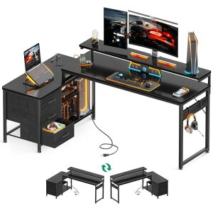 ODKパソコンデスク引き出し付きゲーミングデスクコンセント付きl字デスクデスク机幅173*100pcデスク棚付きdesk収納オフィスデスク仕事用在宅勤務組立簡単ブラック