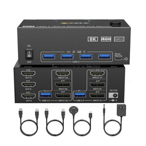 KCEVE KVM�X�C�b�` 2����3�o�́A8K@60Hz/4K@120Hz �Ή��A�~���[/�g�����[�h KVM Switch KVM�ؑ֊�AUSB3.0�|�[�gx4�A2��PC��3�䃂�j�^�[�ؑցA�L�[�{�[�h �}�E�X���L�A�h���C�o�[�s�v�A�茳�X�C�b�`�t��