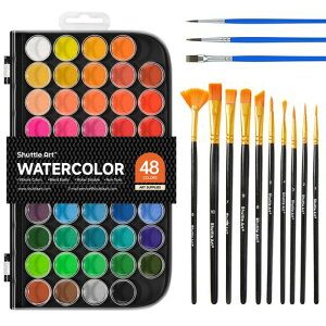 ShuttleArt固形水彩絵具48色セット固体水彩水彩絵の具ブラシ13本パレット透明溶けやすい速乾大人の塗り絵水彩画お絵描き野外スケッチ用携帯便利美術画材セット学校用初心者専門家プレゼ…