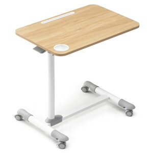 ETHUサイドテーブルガス圧昇降式ベッドサイドテーブル無段階高さ調節介護用ベッドテーブルドリンクホルダーキャスター付き在宅勤務在宅ワークメープル