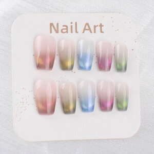 MZCMSL手作りネイルチップミディアムバレリーナマルチカラーネイルファッショングラデーション色キャットアイ収納ボックス付き10枚入XS