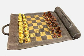StonKraft19”x15”(チェスボードサイズ12”x12”)本物のロールアップレザーチェスセット木製チェスピース-ブラウングレー|革新的なキャリーポーチが登場グレー