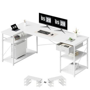 Maihail机l字デスク勉強机pcデスクパソコンデスク右棚左棚オフィスデスク幅136cmコーナーデスクつくえ?子棚板高さ調節可能作業机L字型リモートワークラック付き白い