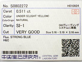 0．511ct　LIGHT　YELLOW　SI1　VERY GOOD　H＆C　イエローダイヤモンド　ルース