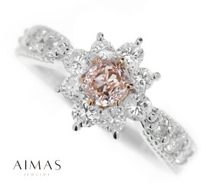 ピンクダイヤモンド 0.339ct (FANCY ORANGY PINK SI2) リング 8号 PT900 プラチナ 指輪 ダイヤ取り巻き 花 フラワー ピンクダイヤリング ミル打ち 4月誕生石 <ソーティング> 色石 金剛石 希少石 レアス