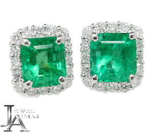 【スーパーSALE10%オフ!】コロンビア産エメラルド 1.42ct/1.33ct(計:2.75ct) 0.27ct/0.27ct(計:0.54ct) ビビッドグリーン スクエア 取り巻き ピアス PT900 プラチナ【新品】【ジュエリー】RZM.MI
