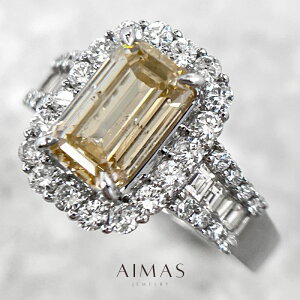イエローダイヤモンド 2.04ct リング 12号 PT950 プラチナ 指輪 ダイアモンド エメラルドカット スクエア レクタングル 四角 ダイヤ取り巻き ヘイロー レール留め チャネルセッティング 2ctアッ