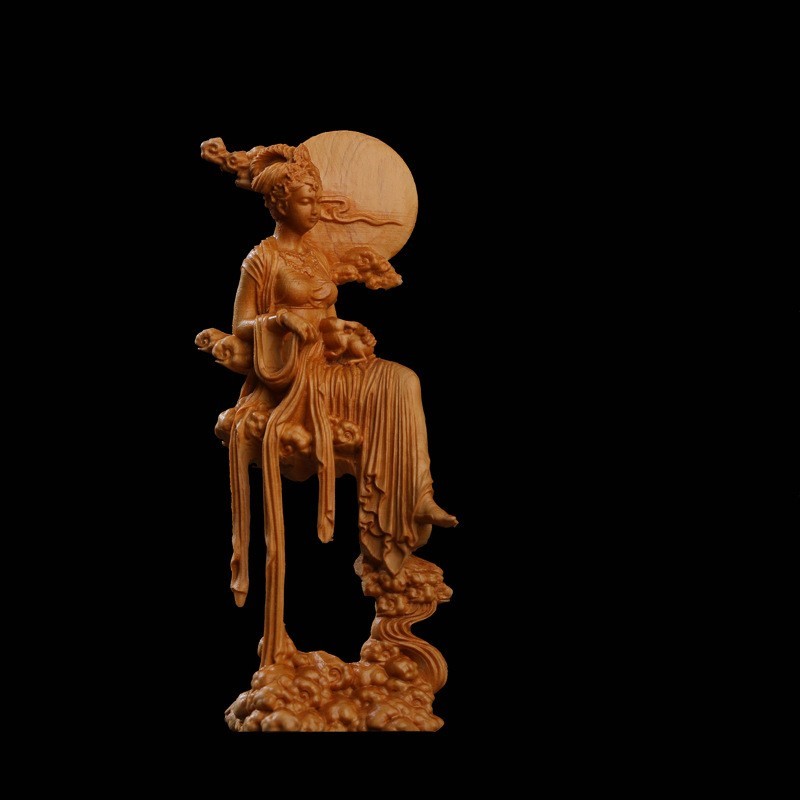 月の神 嫦娥 中秋 置物 木彫り 天女像 中国神話人物 手作り 美術品 中秋の贈り物 かぐや姫 彫刻 兎 月見 満月 風水 | AiO　Online　 Store